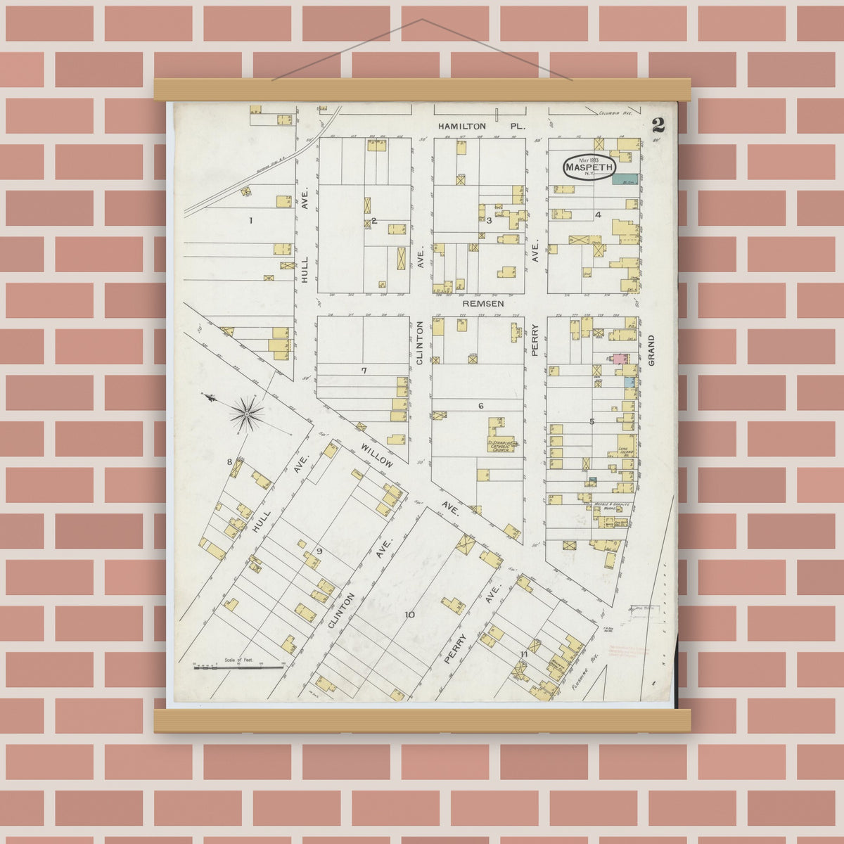 Old map wall art mockup — magnetic wood frame on brick wall — Sanborn Fire Insurance Map from Maspeth, Queens County, New York (1893), Sheet #0002