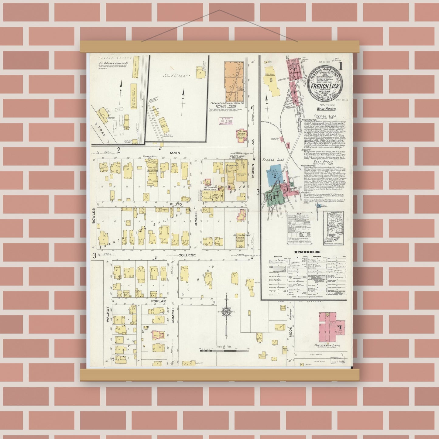 Old map wall art mockup — magnetic wood frame on brick wall — Sanborn Fire Insurance Map from French Lick, Orange County, Indiana (1913), Sheet #0001