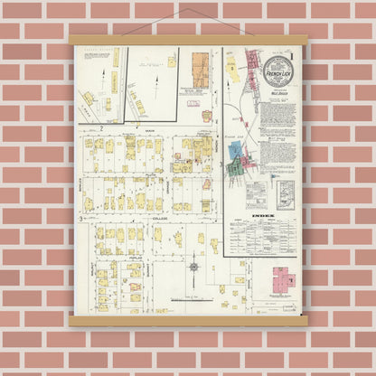 Old map wall art mockup — magnetic wood frame on brick wall — Sanborn Fire Insurance Map from French Lick, Orange County, Indiana (1913), Sheet #0001