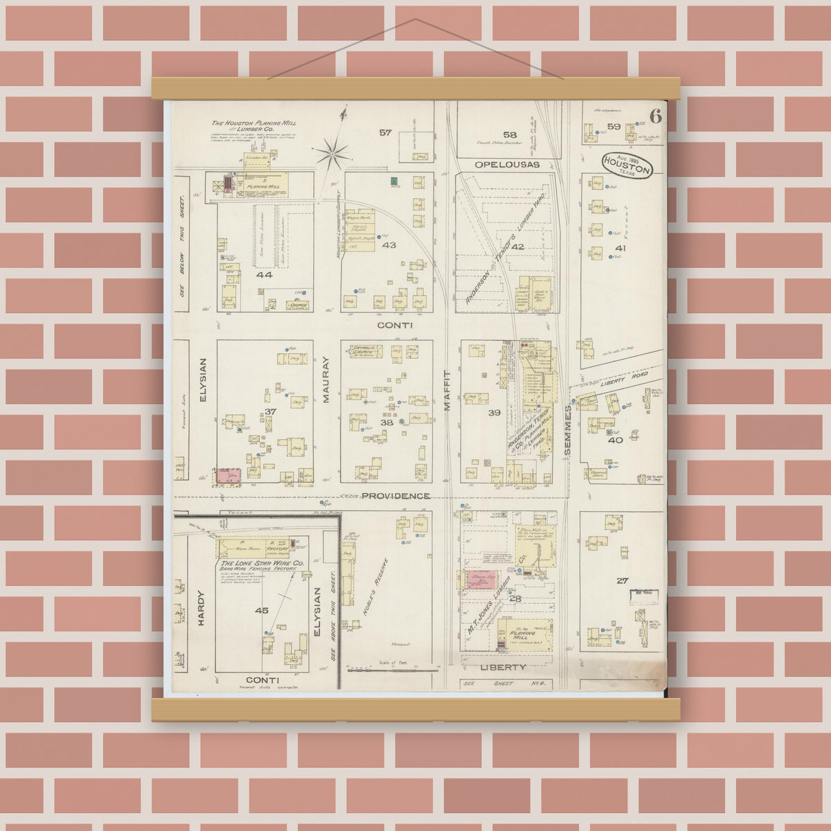 Old map wall art mockup — magnetic wood frame on brick wall — Sanborn Fire Insurance Map from Houston, Harris County, Texas (1885), Sheet #0006