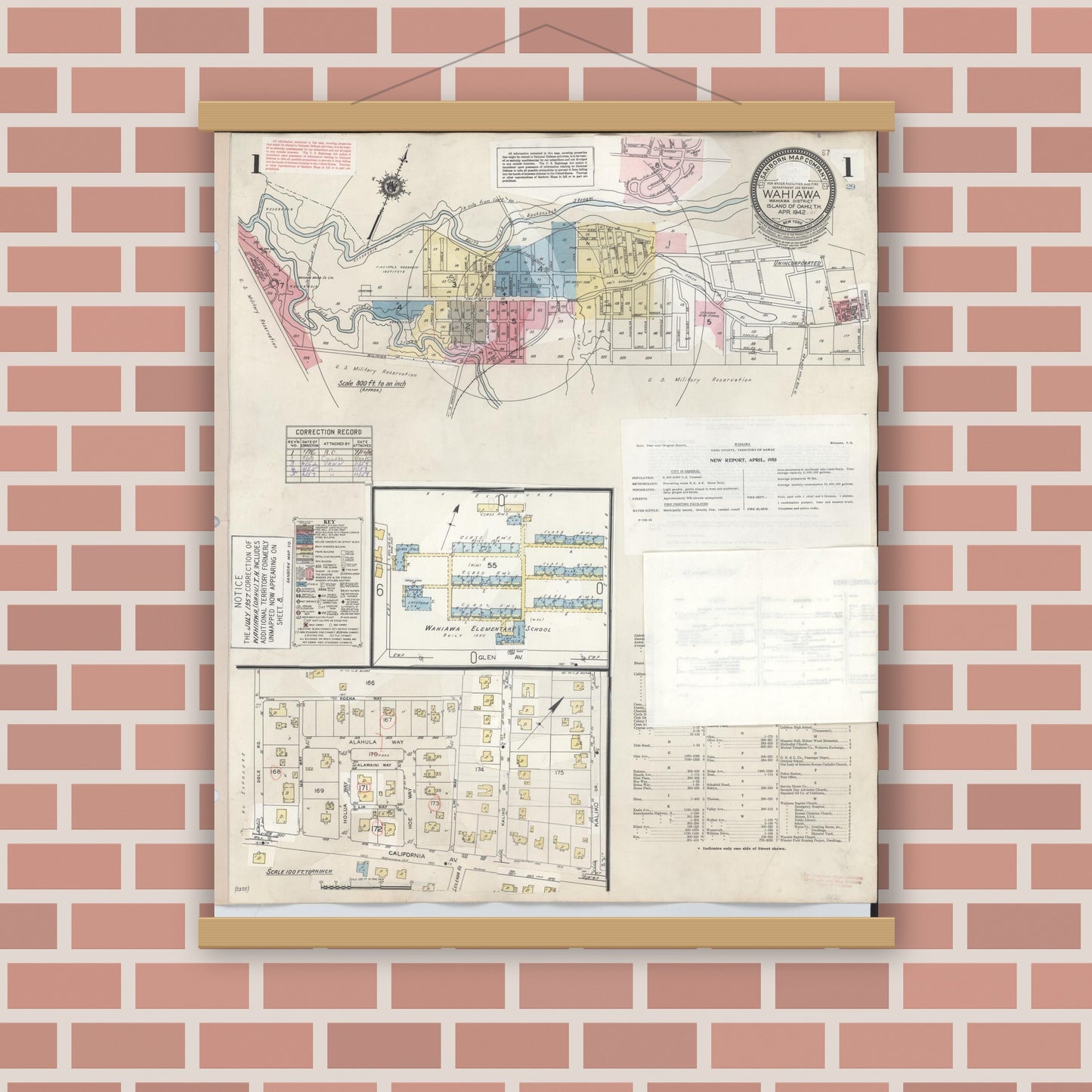 Old map wall art mockup — magnetic wood frame on brick wall — Sanborn Fire Insurance Map from Wahiawa, Honolulu County, Hawaii (1957), Sheet #0001