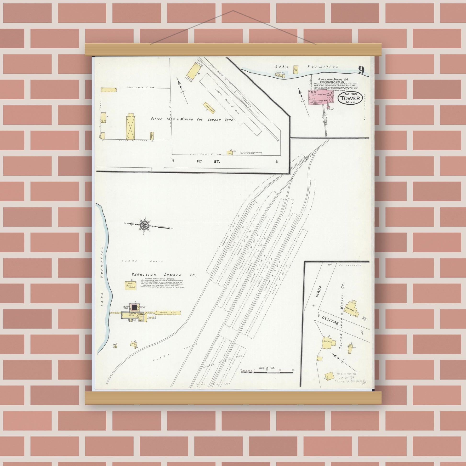 Old map wall art mockup — magnetic wood frame on brick wall — Sanborn Fire Insurance Map from Tower, Saint Louis County, Minnesota (1909), Sheet #0009