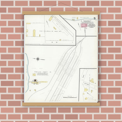 Old map wall art mockup — magnetic wood frame on brick wall — Sanborn Fire Insurance Map from Tower, Saint Louis County, Minnesota (1909), Sheet #0009