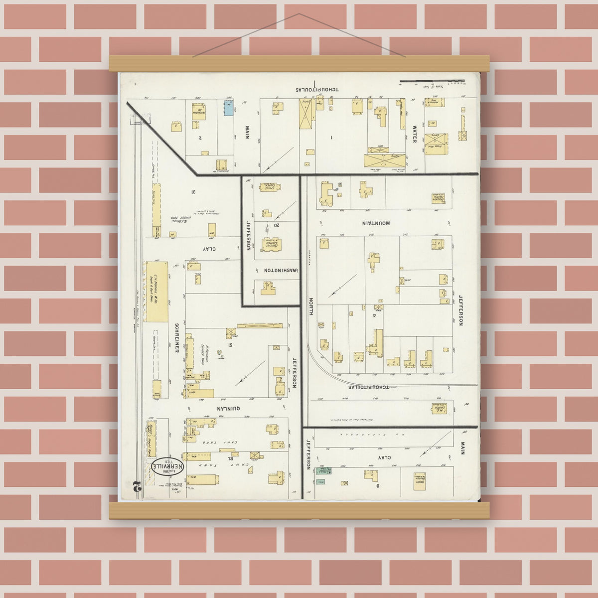 Old map wall art mockup — magnetic wood frame on brick wall — Sanborn Fire Insurance Map from Kerrville, Kerr County, Texas (1898), Sheet #0002