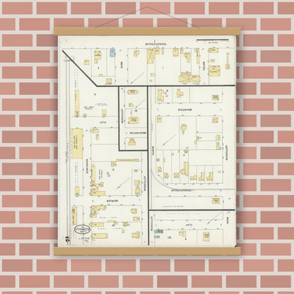 Old map wall art mockup — magnetic wood frame on brick wall — Sanborn Fire Insurance Map from Kerrville, Kerr County, Texas (1898), Sheet #0002