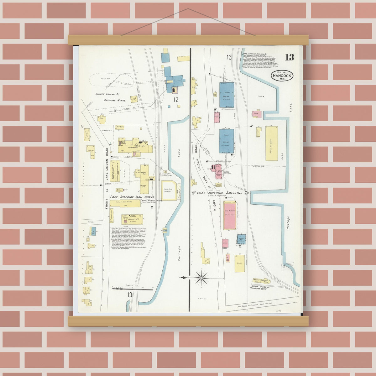 Old map wall art mockup — magnetic wood frame on brick wall — Sanborn Fire Insurance Map from Hancock, Houghton County, Michigan (1907), Sheet #0013