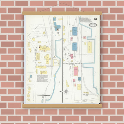 Old map wall art mockup — magnetic wood frame on brick wall — Sanborn Fire Insurance Map from Hancock, Houghton County, Michigan (1907), Sheet #0013