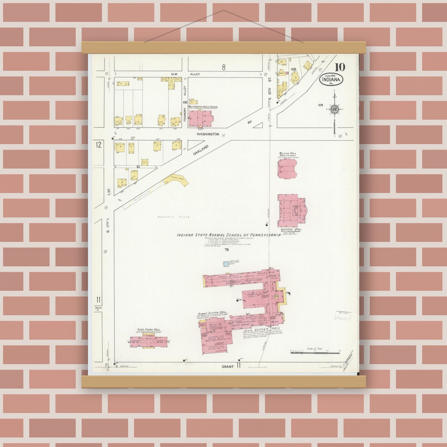 Old map wall art mockup — magnetic wood frame on brick wall — Sanborn Fire Insurance Map from Indiana, Indiana County, Pennsylvania (1916), Sheet #0010