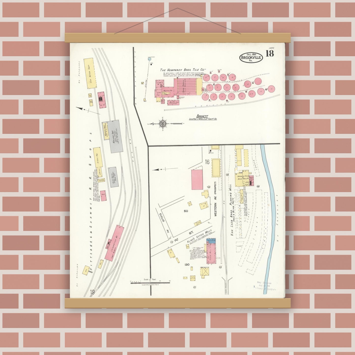 Old map wall art mockup — magnetic wood frame on brick wall — Sanborn Fire Insurance Map from Brookville, Jefferson County, Pennsylvania (1921), Sheet #0018