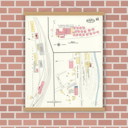 Old map wall art mockup — magnetic wood frame on brick wall — Sanborn Fire Insurance Map from Brookville, Jefferson County, Pennsylvania (1921), Sheet #0018