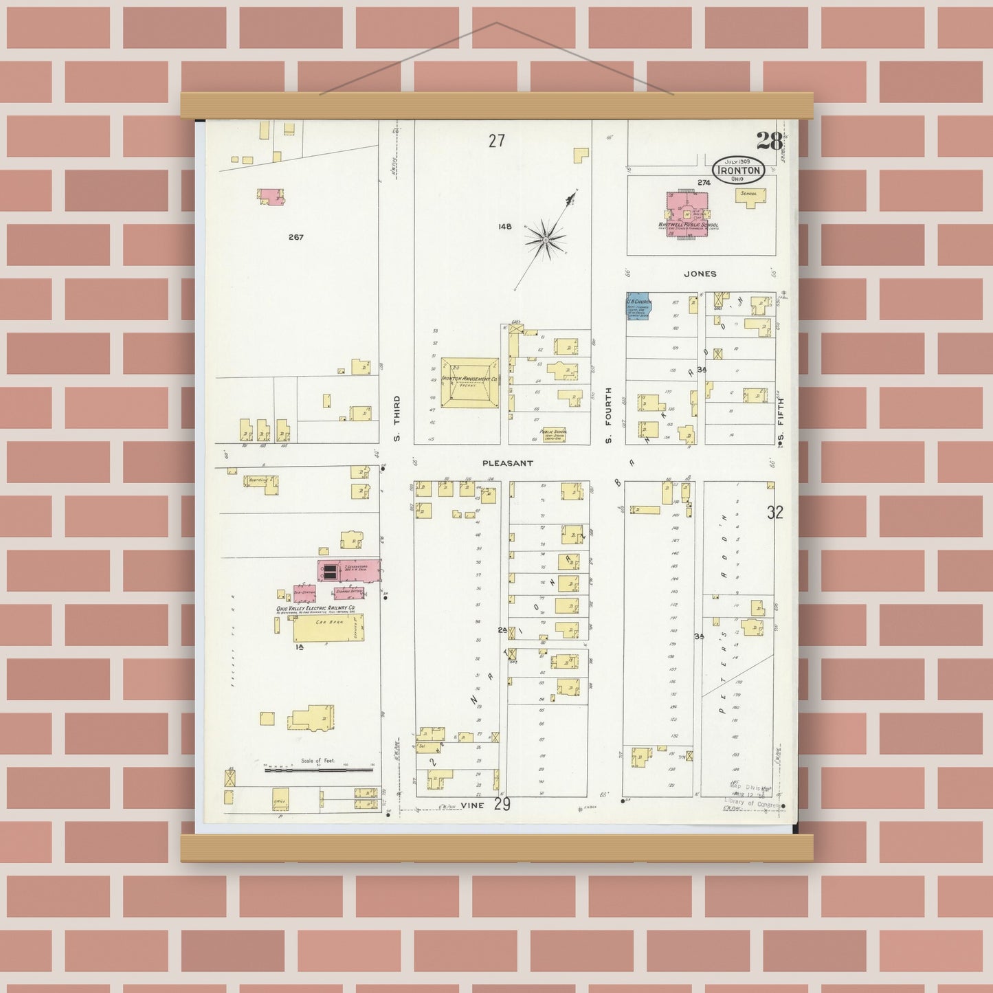 Old map wall art mockup — magnetic wood frame on brick wall — Sanborn Fire Insurance Map from Ironton, Lawrence County, Ohio (1909), Sheet #0028