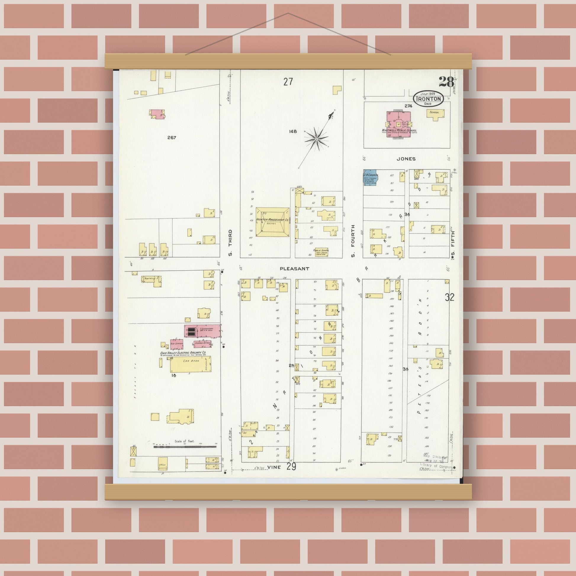 Old map wall art mockup — magnetic wood frame on brick wall — Sanborn Fire Insurance Map from Ironton, Lawrence County, Ohio (1909), Sheet #0028