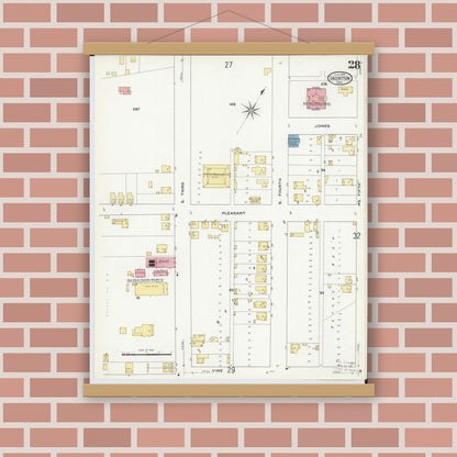 Old map wall art mockup — magnetic wood frame on brick wall — Sanborn Fire Insurance Map from Ironton, Lawrence County, Ohio (1909), Sheet #0028