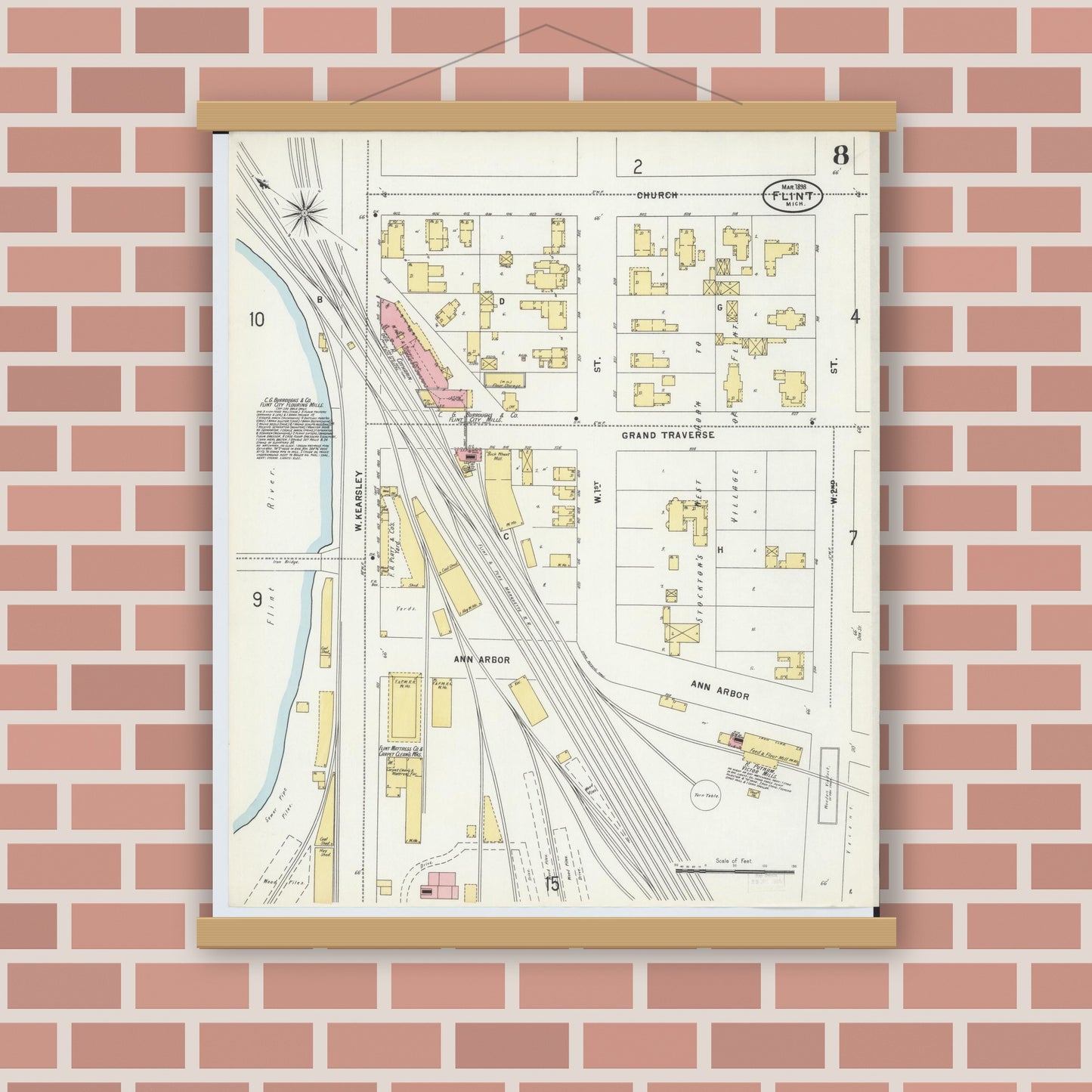 Old map wall art mockup — magnetic wood frame on brick wall — Sanborn Fire Insurance Map from Flint, Genesee County, Michigan (1898), Sheet #0008
