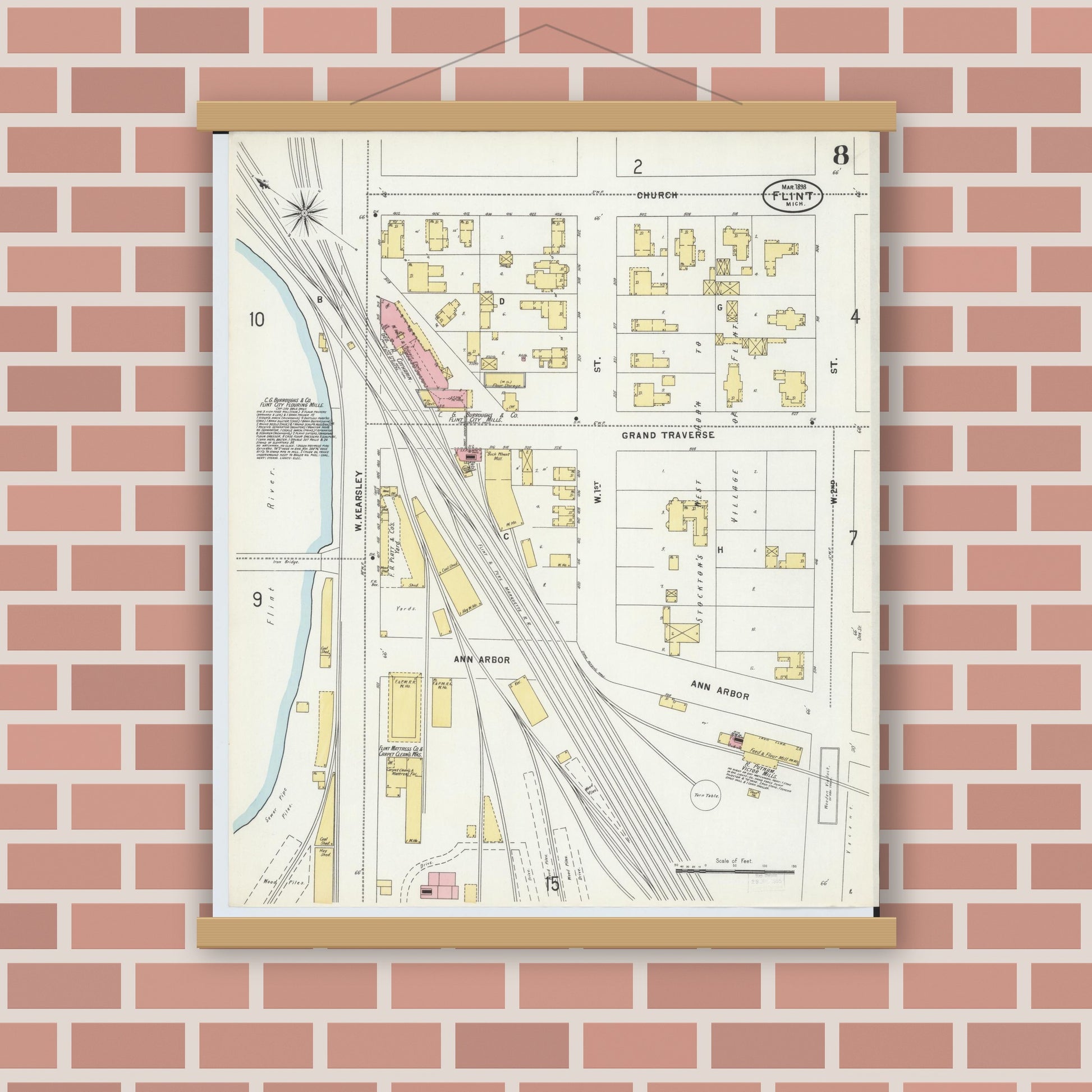 Old map wall art mockup — magnetic wood frame on brick wall — Sanborn Fire Insurance Map from Flint, Genesee County, Michigan (1898), Sheet #0008