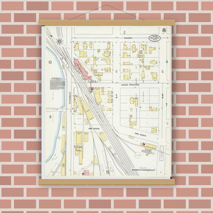 Old map wall art mockup — magnetic wood frame on brick wall — Sanborn Fire Insurance Map from Flint, Genesee County, Michigan (1898), Sheet #0008