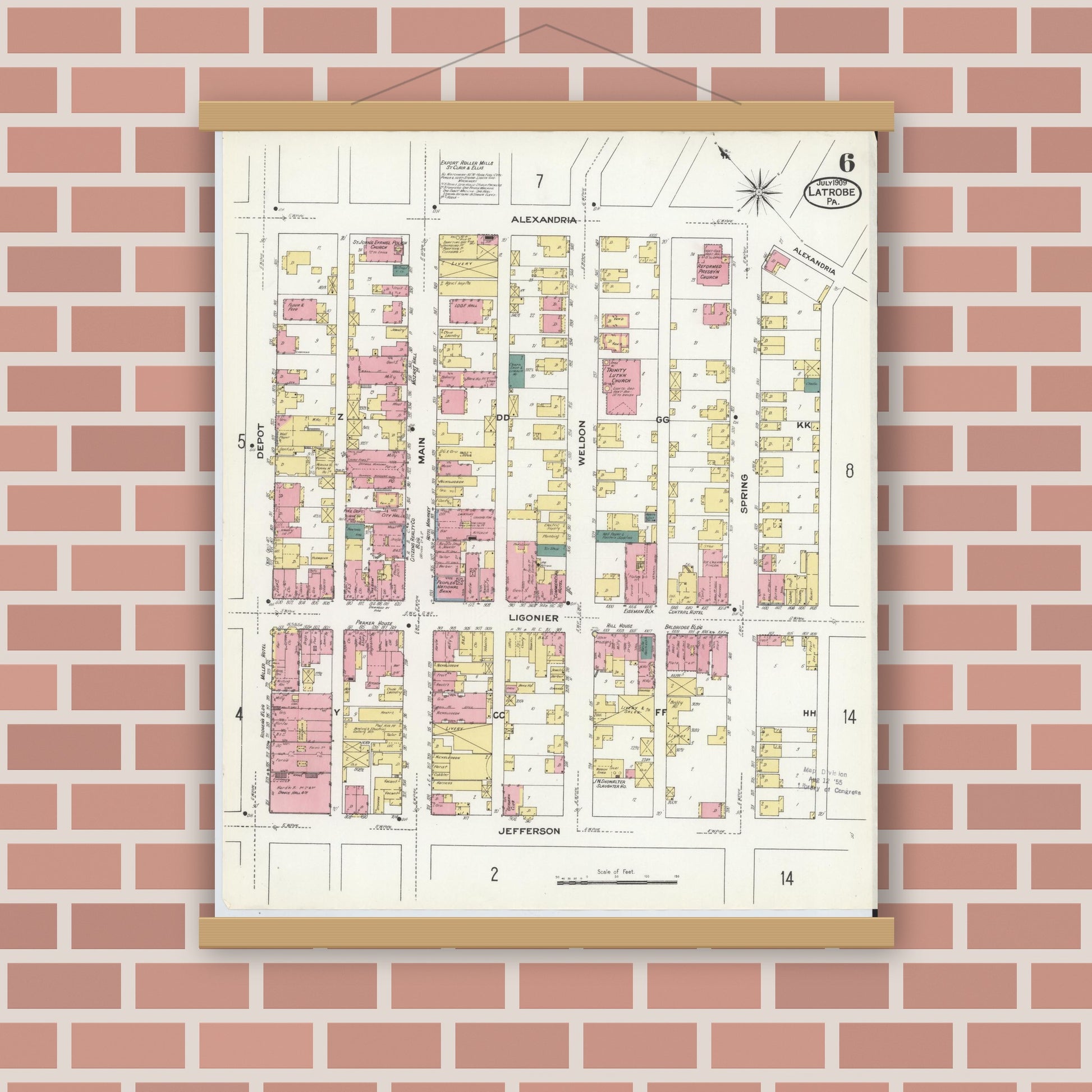 Old map wall art mockup — magnetic wood frame on brick wall — Sanborn Fire Insurance Map from Latrobe, Westmoreland County, Pennsylvania (1909), Sheet #0006