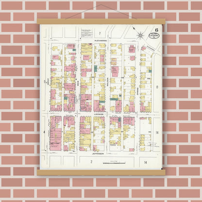 Old map wall art mockup — magnetic wood frame on brick wall — Sanborn Fire Insurance Map from Latrobe, Westmoreland County, Pennsylvania (1909), Sheet #0006