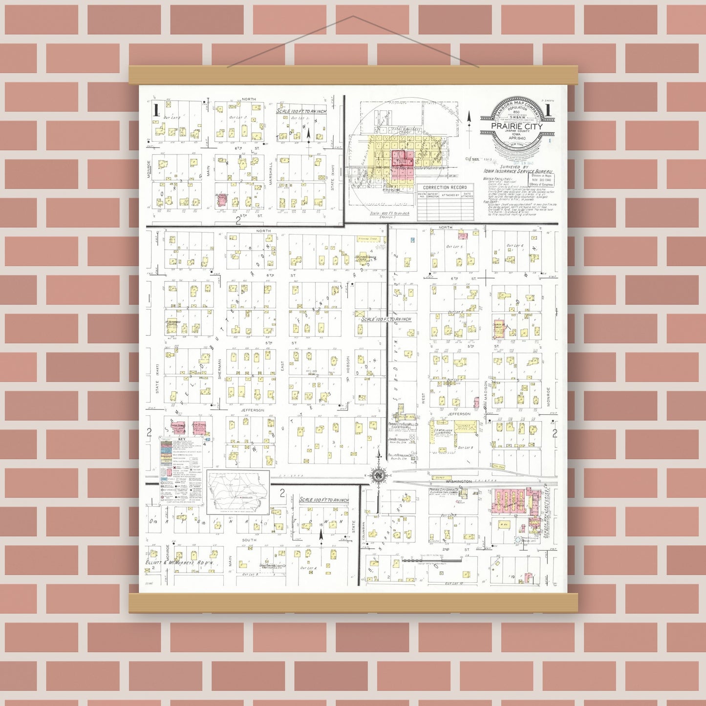 Old map wall art mockup — magnetic wood frame on brick wall — Sanborn Fire Insurance Map from Prairie City, Jasper County, Iowa (1940), Sheet #0001