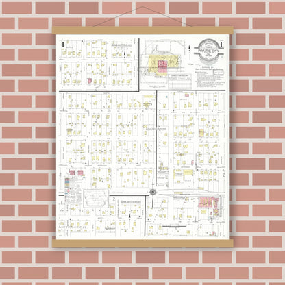 Old map wall art mockup — magnetic wood frame on brick wall — Sanborn Fire Insurance Map from Prairie City, Jasper County, Iowa (1940), Sheet #0001