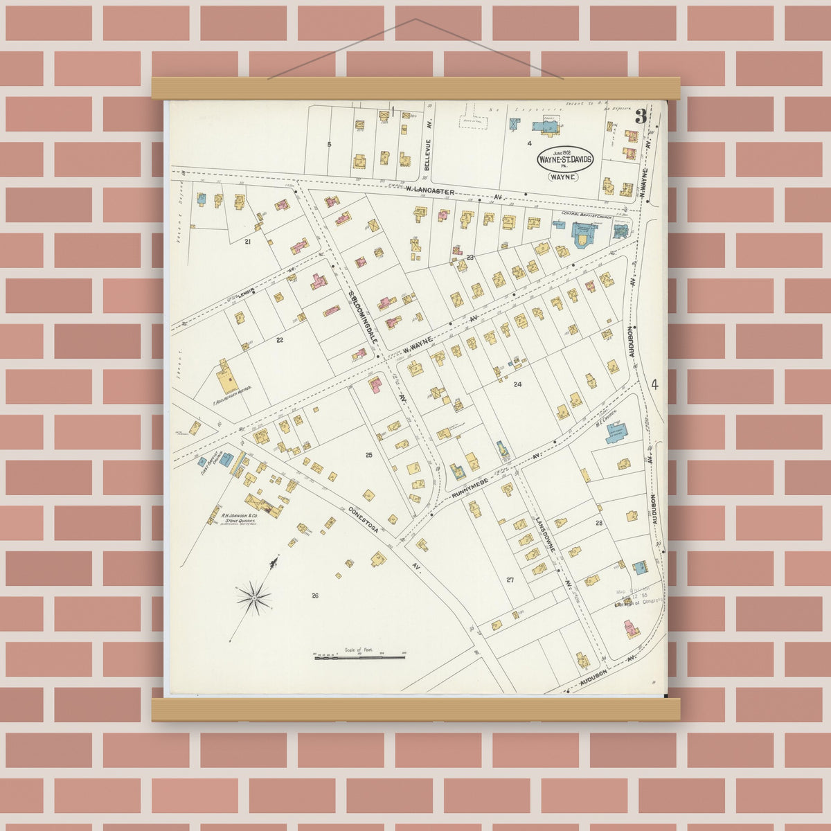Old map wall art mockup — magnetic wood frame on brick wall — Sanborn Fire Insurance Map from Wayne, Delaware County, Pennsylvania (1902), Sheet #0003