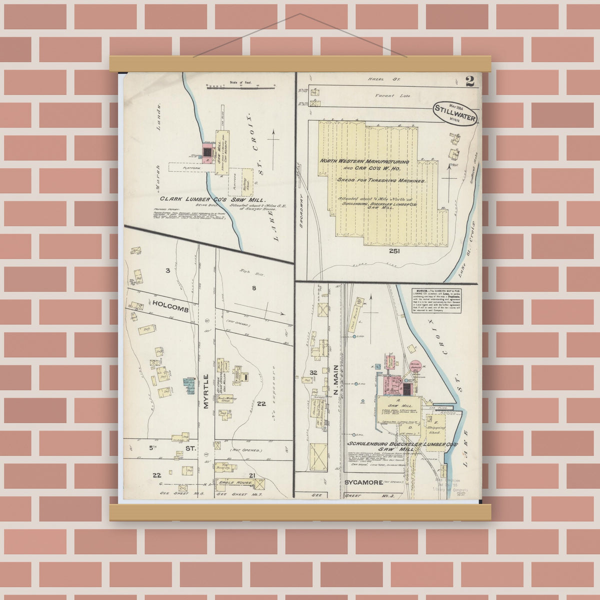Old map wall art mockup — magnetic wood frame on brick wall — Sanborn Fire Insurance Map from Stillwater, Washington County, Minnesota (1884), Sheet #0002