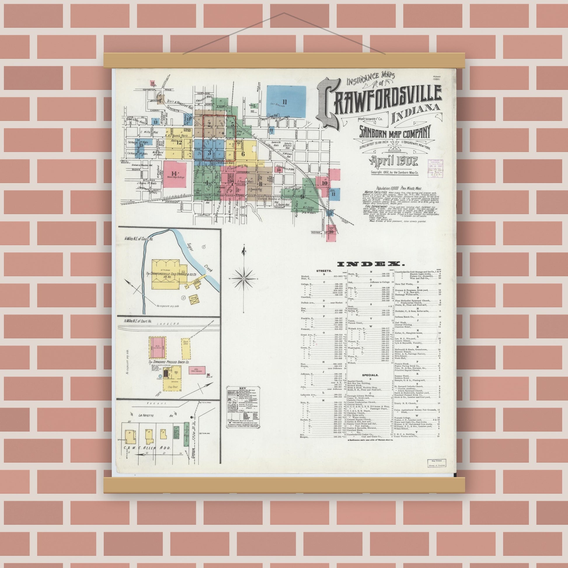 Old map wall art mockup — magnetic wood frame on brick wall — Sanborn Fire Insurance Map from Crawfordsville, Montgomery County, Indiana (1902) - Complete Map Set