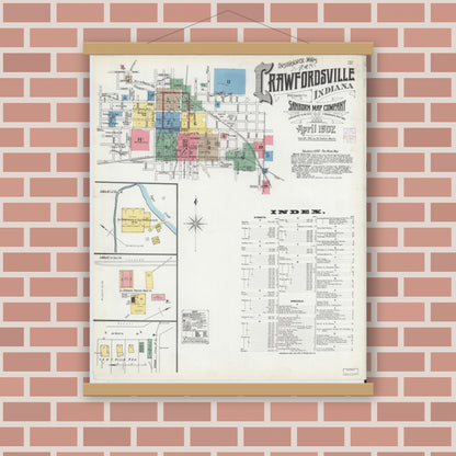Old map wall art mockup — magnetic wood frame on brick wall — Sanborn Fire Insurance Map from Crawfordsville, Montgomery County, Indiana (1902) - Complete Map Set
