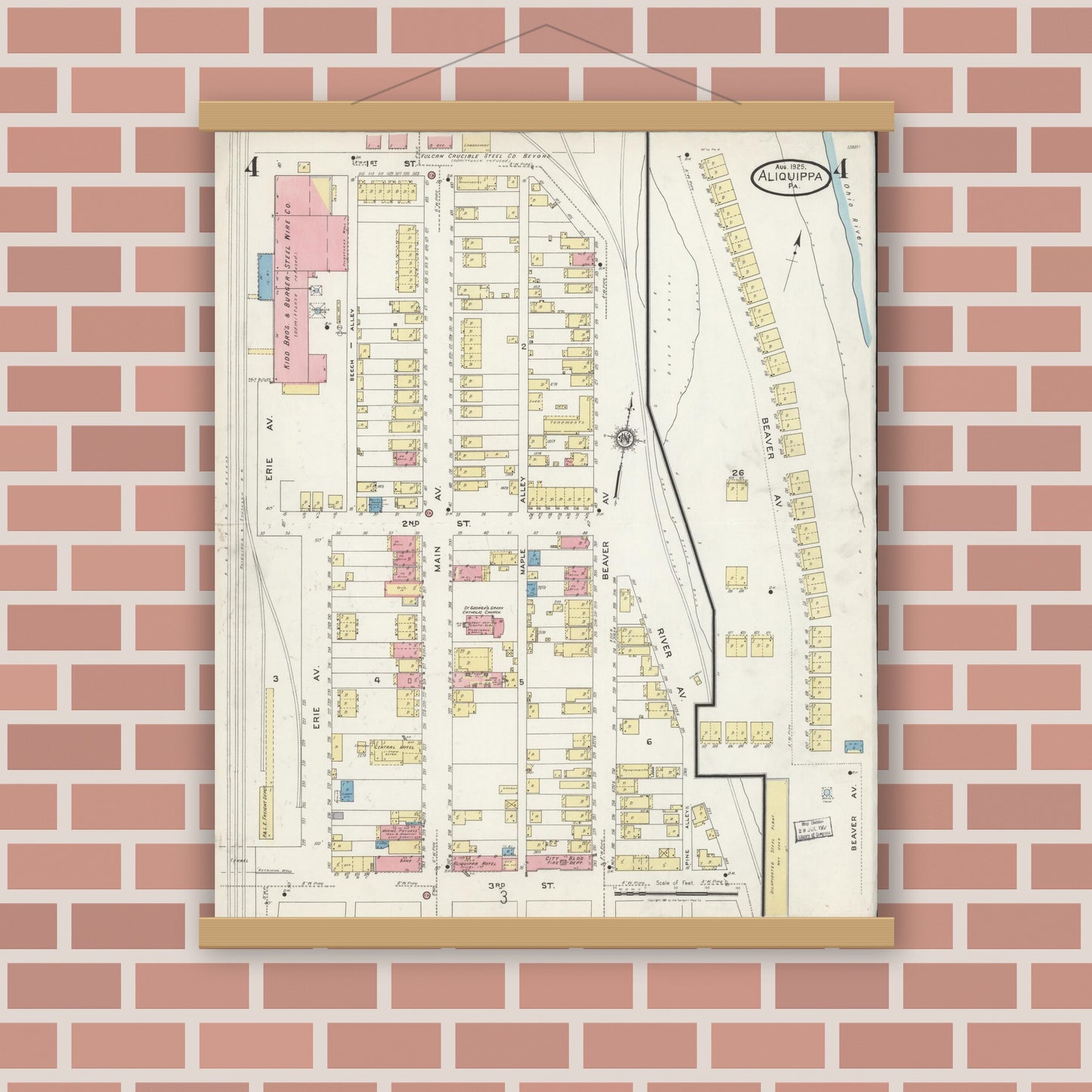 Old map wall art mockup — magnetic wood frame on brick wall — Sanborn Fire Insurance Map from Aliquippa, Beaver County, Pennsylvania (1925), Sheet #0004