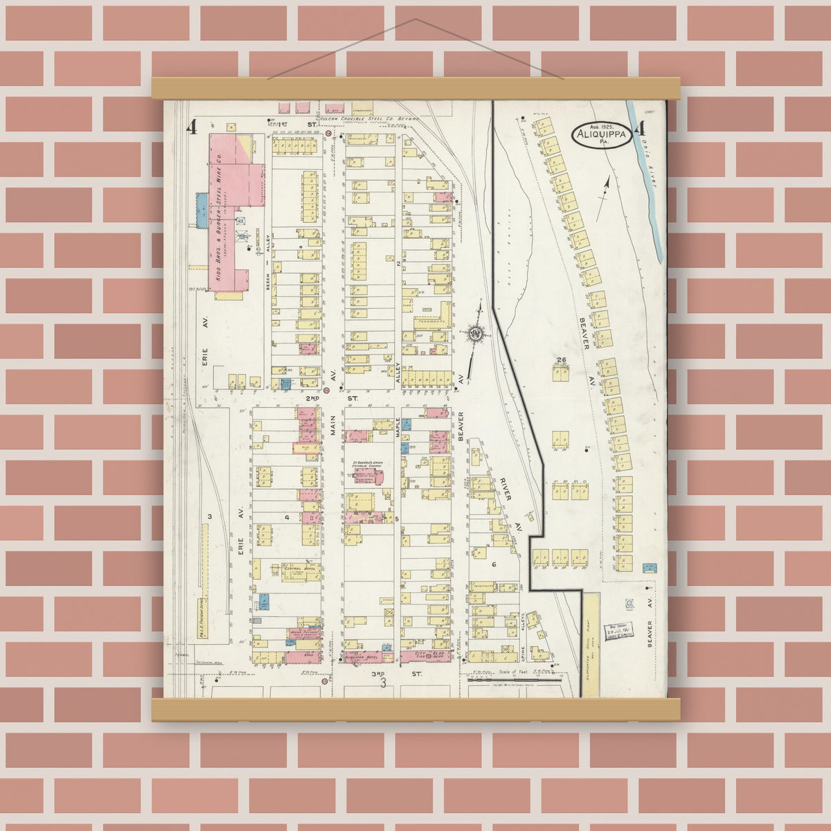 Old map wall art mockup — magnetic wood frame on brick wall — Sanborn Fire Insurance Map from Aliquippa, Beaver County, Pennsylvania (1925), Sheet #0004