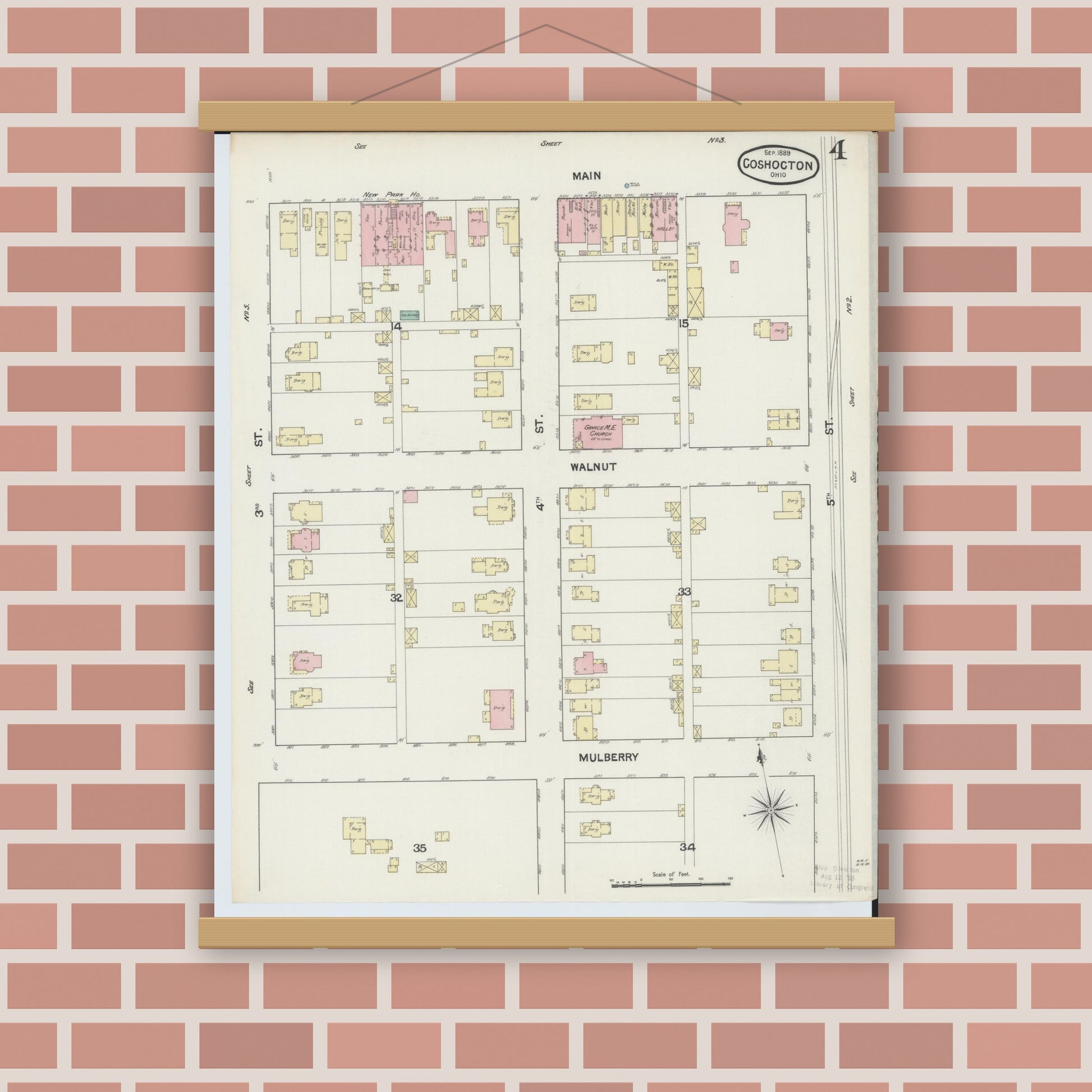 Old map wall art mockup — magnetic wood frame on brick wall — Sanborn Fire Insurance Map from Coshocton, Coshocton County, Ohio (1889), Sheet #0004