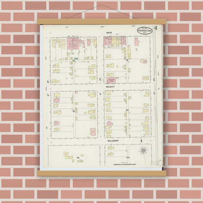 Old map wall art mockup — magnetic wood frame on brick wall — Sanborn Fire Insurance Map from Coshocton, Coshocton County, Ohio (1889), Sheet #0004