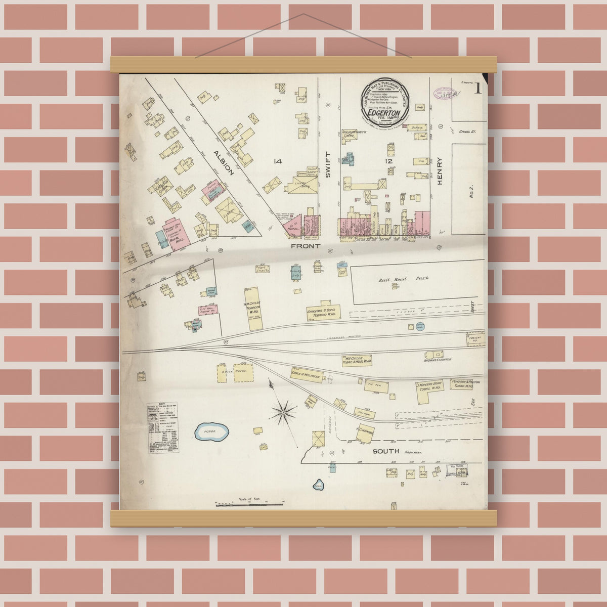 Old map wall art mockup — magnetic wood frame on brick wall — Sanborn Fire Insurance Map from Edgerton, Rock County, Wisconsin (1886) - Complete Map Set