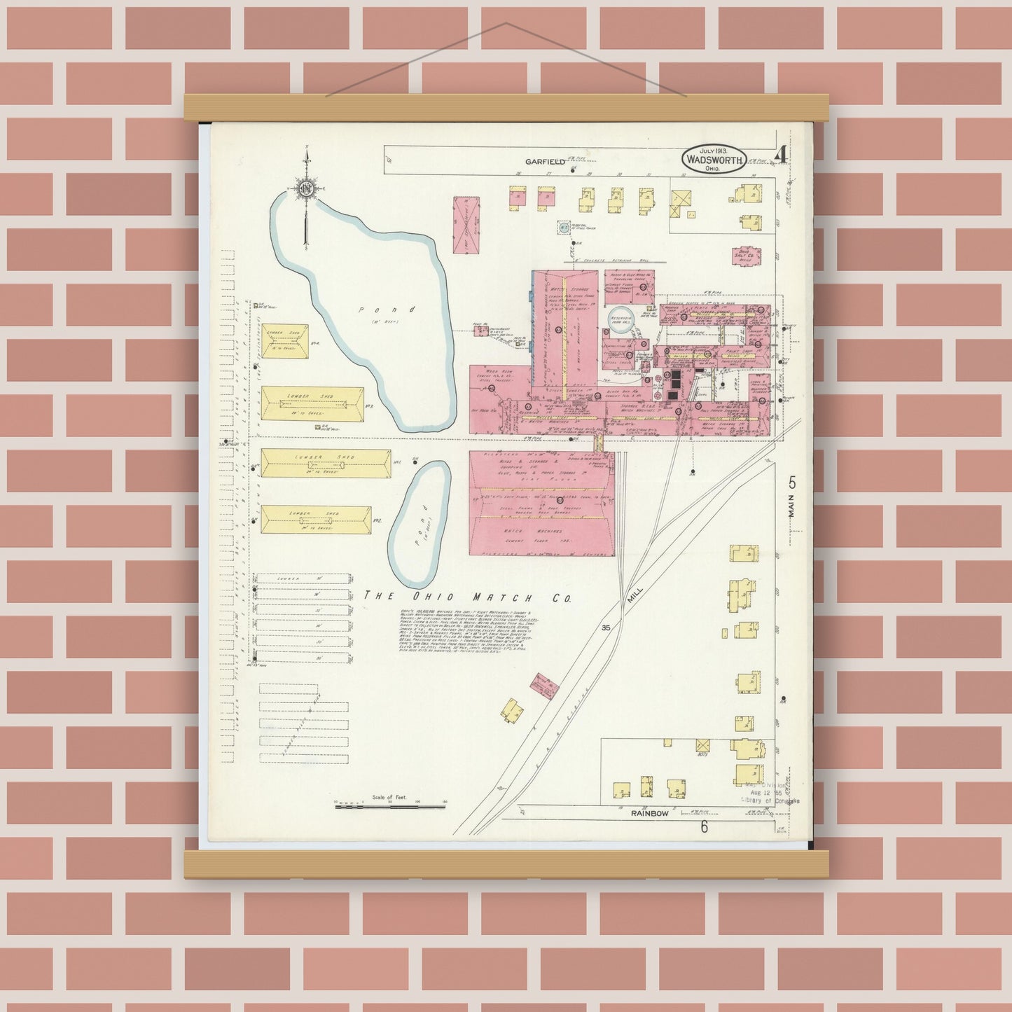 Old map wall art mockup — magnetic wood frame on brick wall — Sanborn Fire Insurance Map from Wadsworth, Medina County, Ohio (1913), Sheet #0004