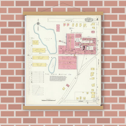 Old map wall art mockup — magnetic wood frame on brick wall — Sanborn Fire Insurance Map from Wadsworth, Medina County, Ohio (1913), Sheet #0004