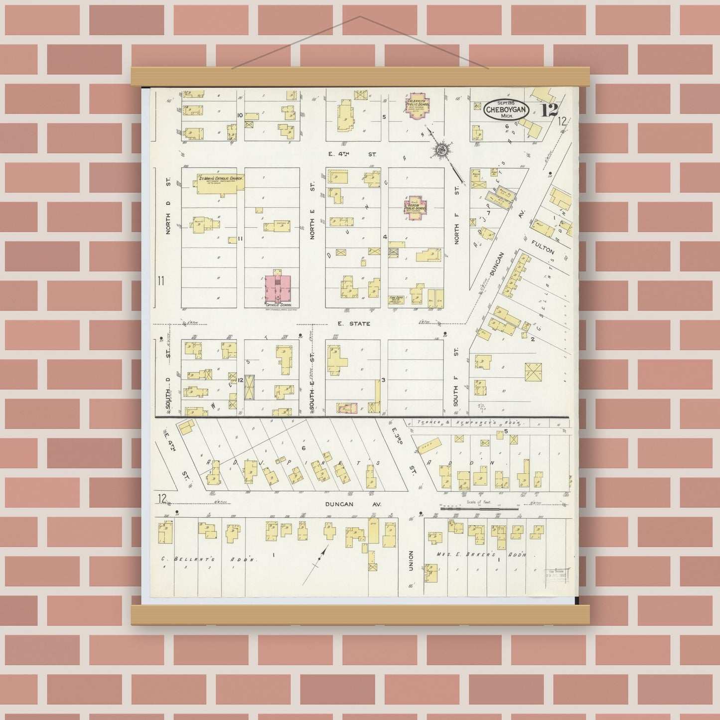 Old map wall art mockup — magnetic wood frame on brick wall — Sanborn Fire Insurance Map from Cheboygan, Cheboygan County, Michigan (1915), Sheet #0012
