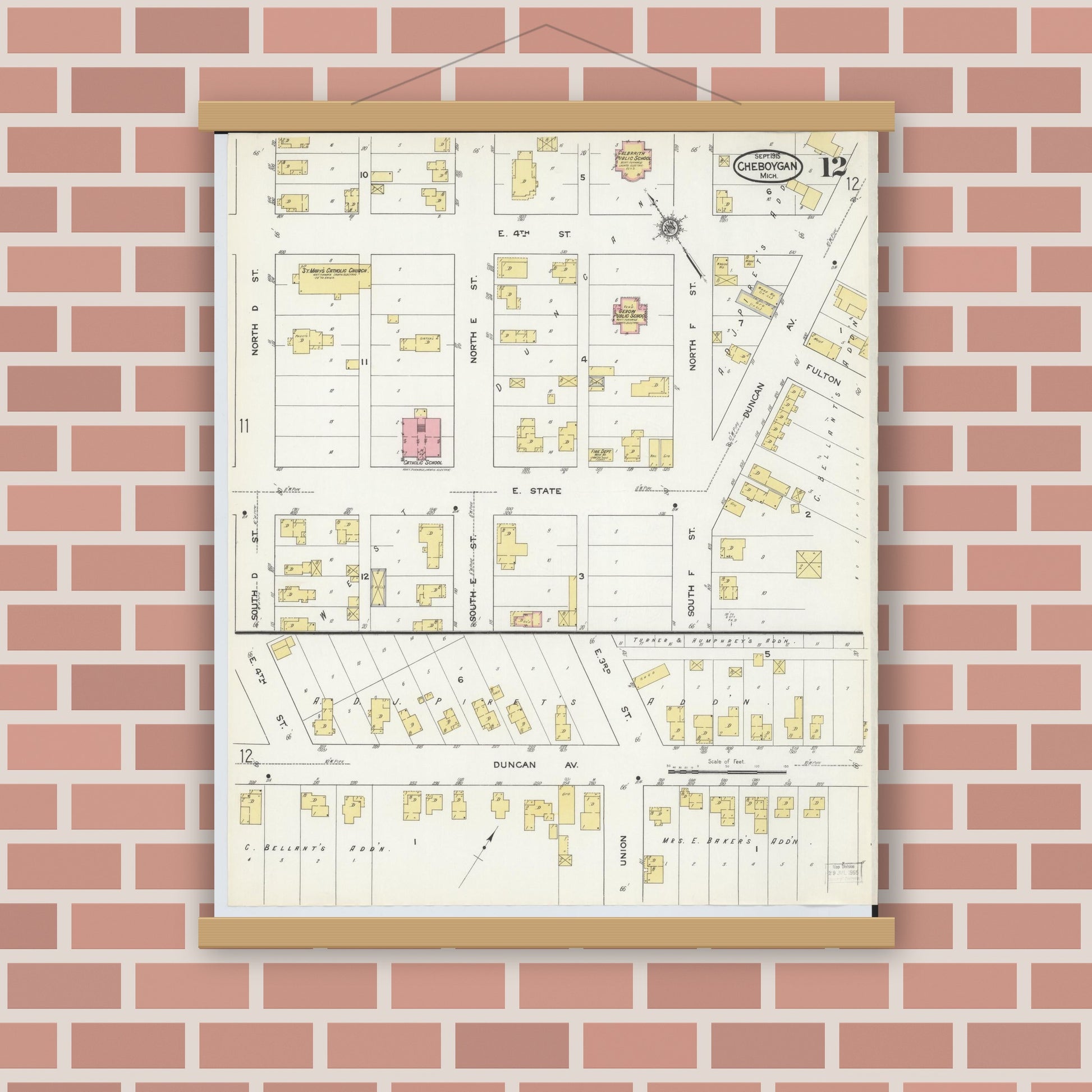 Old map wall art mockup — magnetic wood frame on brick wall — Sanborn Fire Insurance Map from Cheboygan, Cheboygan County, Michigan (1915), Sheet #0012