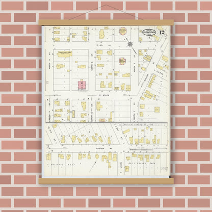 Old map wall art mockup — magnetic wood frame on brick wall — Sanborn Fire Insurance Map from Cheboygan, Cheboygan County, Michigan (1915), Sheet #0012