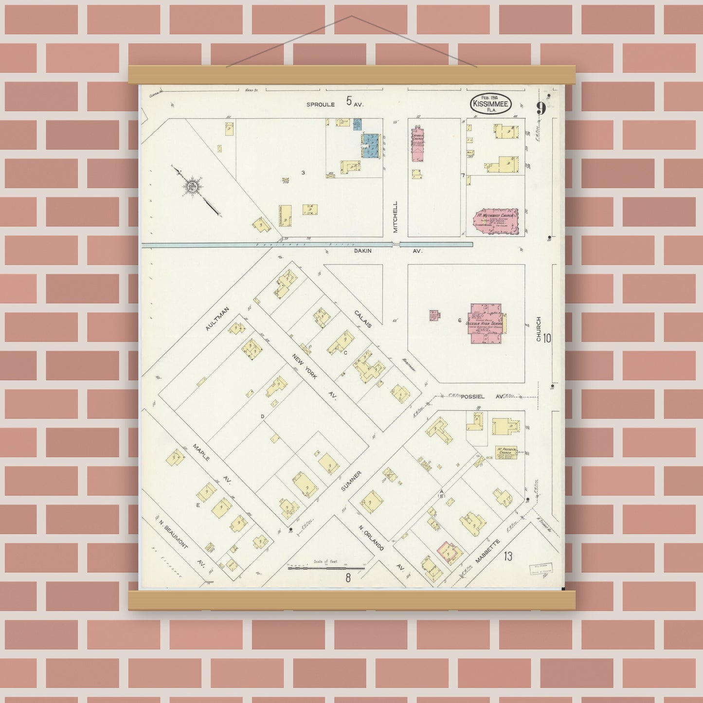 Old map wall art mockup — magnetic wood frame on brick wall — Sanborn Fire Insurance Map from Kissimmee, Osceola County, Florida (1914), Sheet #0009