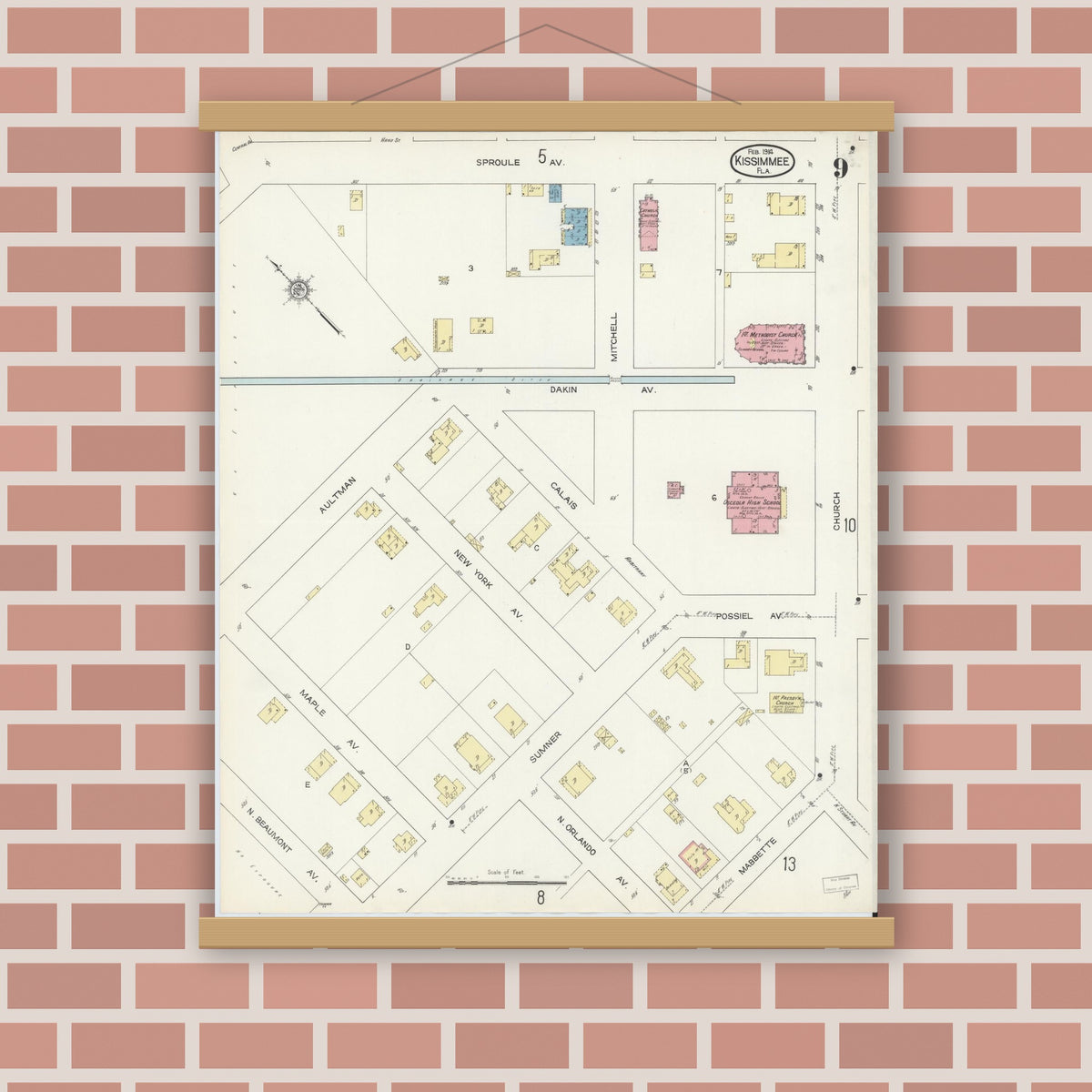 Old map wall art mockup — magnetic wood frame on brick wall — Sanborn Fire Insurance Map from Kissimmee, Osceola County, Florida (1914), Sheet #0009
