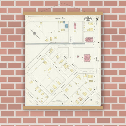 Old map wall art mockup — magnetic wood frame on brick wall — Sanborn Fire Insurance Map from Kissimmee, Osceola County, Florida (1914), Sheet #0009