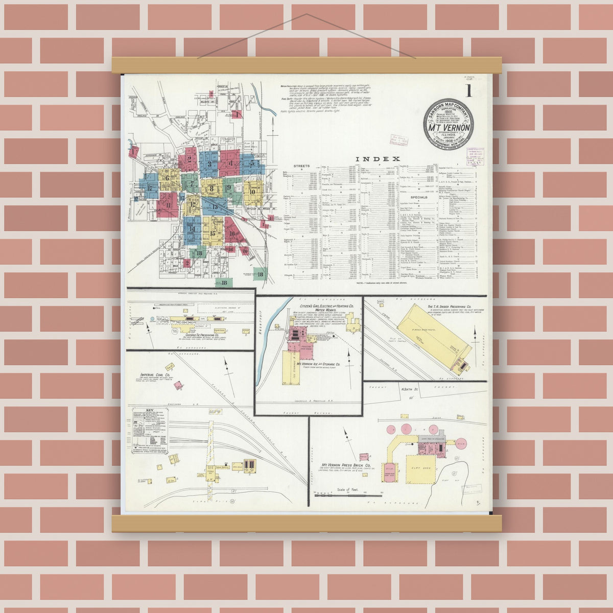 Old map wall art mockup — magnetic wood frame on brick wall — Sanborn Fire Insurance Map from Mount Vernon, Jefferson County, Illinois (1908) - Complete Map Set