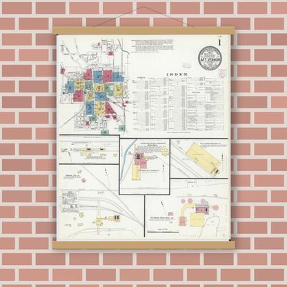 Old map wall art mockup — magnetic wood frame on brick wall — Sanborn Fire Insurance Map from Mount Vernon, Jefferson County, Illinois (1908) - Complete Map Set