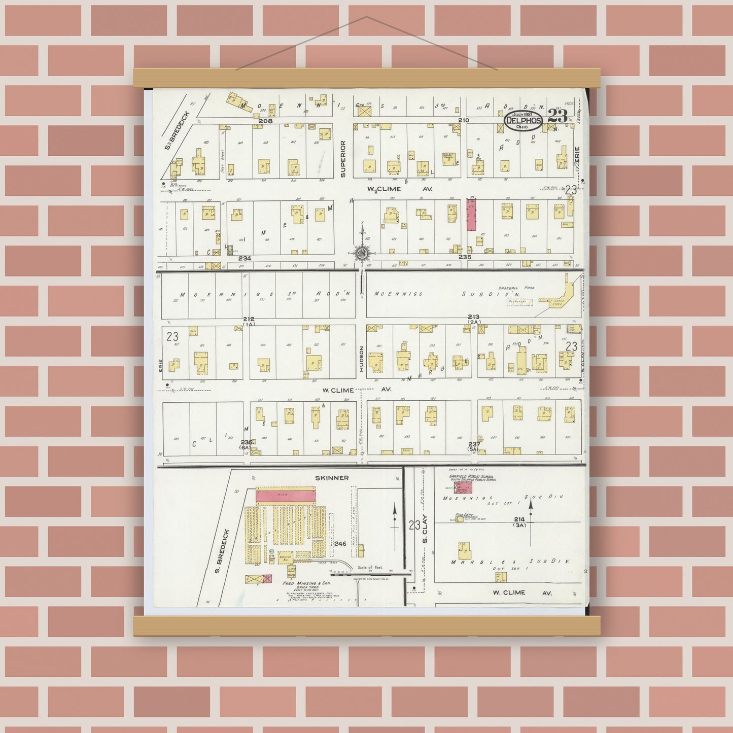 Old map wall art mockup — magnetic wood frame on brick wall — Sanborn Fire Insurance Map from Delphos, Van Wert And Allen Counties, Ohio (1921), Sheet #0023