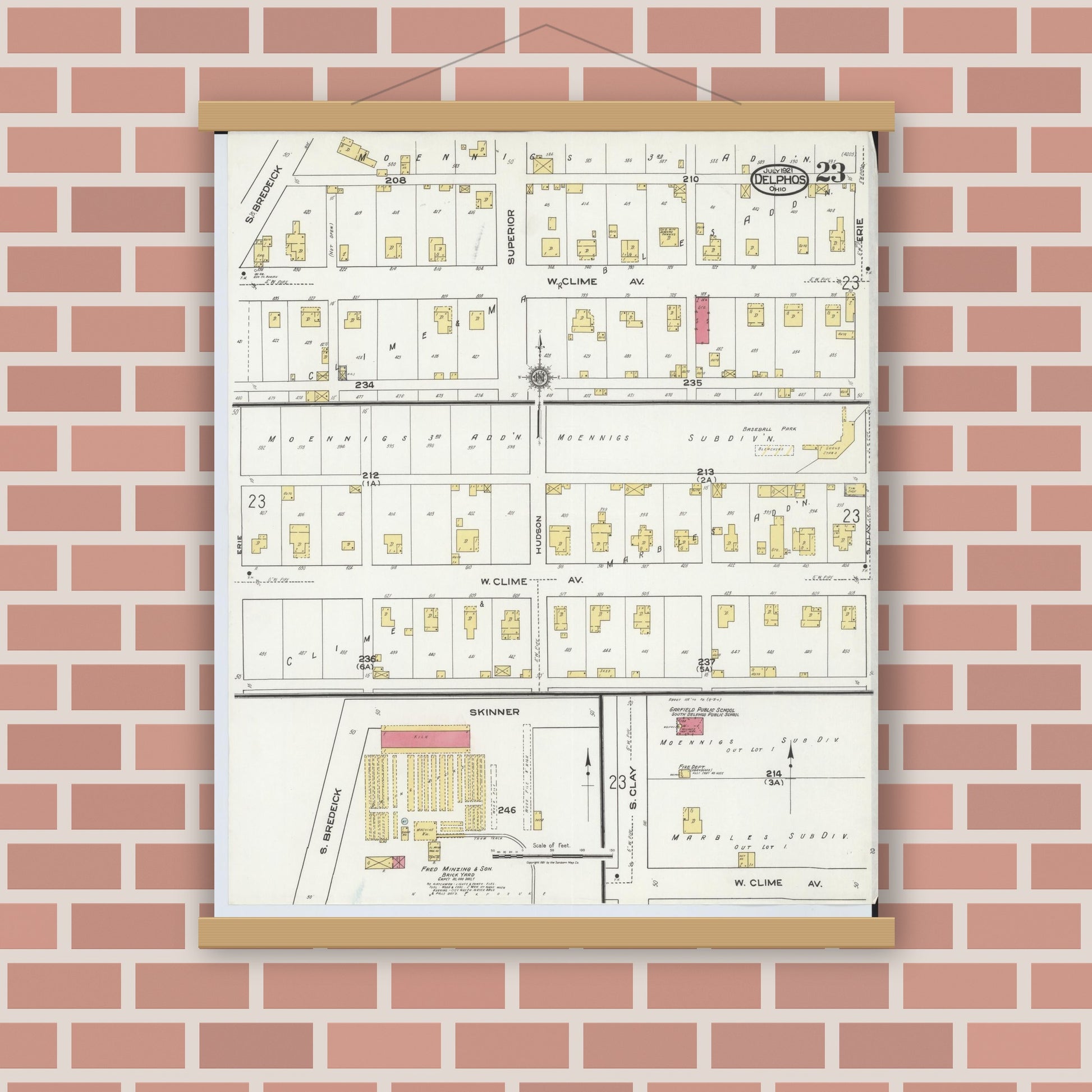 Old map wall art mockup — magnetic wood frame on brick wall — Sanborn Fire Insurance Map from Delphos, Van Wert And Allen Counties, Ohio (1921), Sheet #0023
