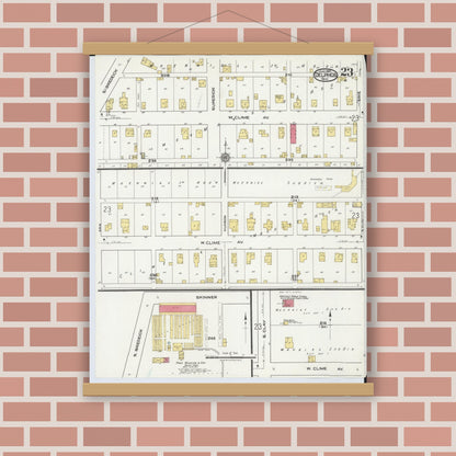 Old map wall art mockup — magnetic wood frame on brick wall — Sanborn Fire Insurance Map from Delphos, Van Wert And Allen Counties, Ohio (1921), Sheet #0023