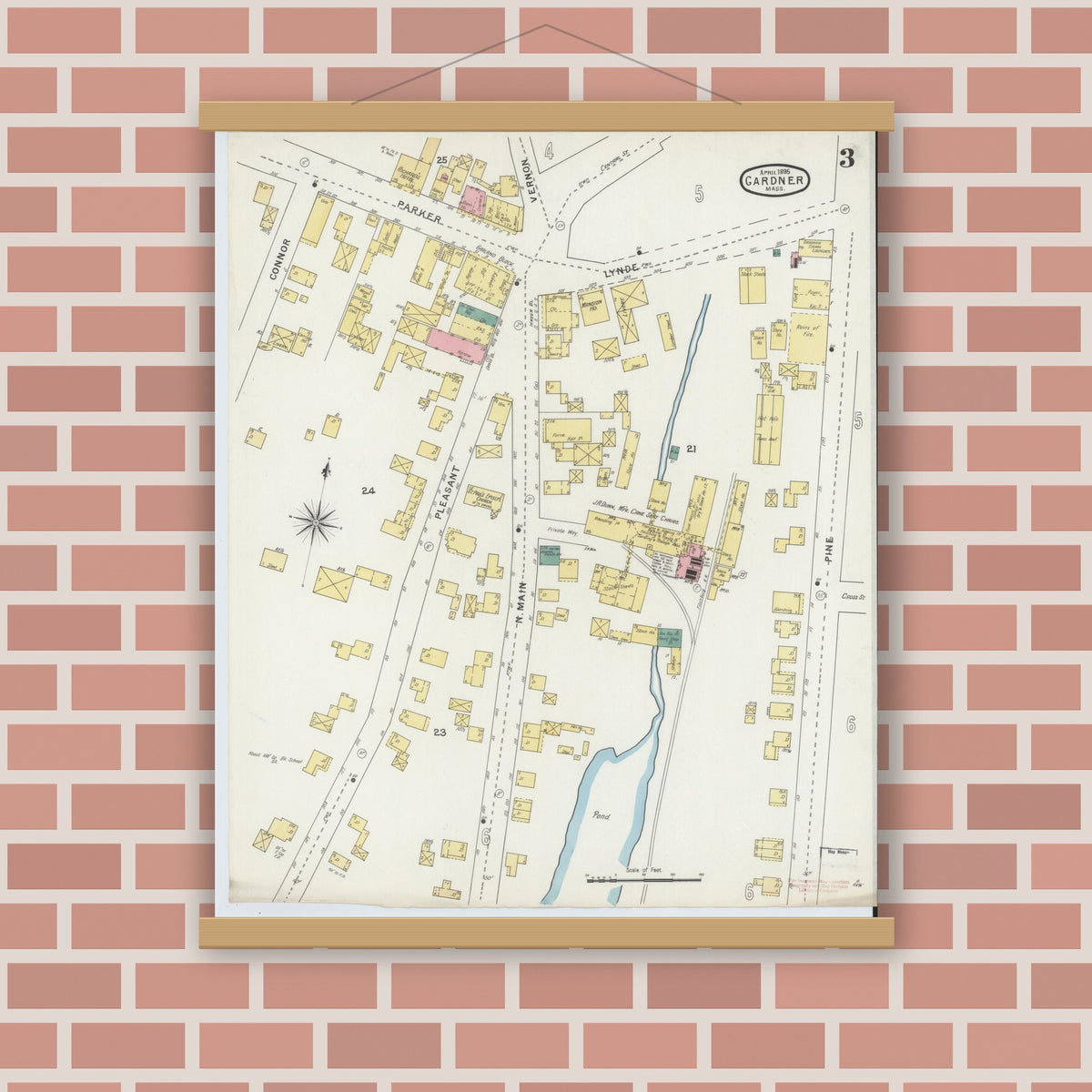 Old map wall art mockup — magnetic wood frame on brick wall — Sanborn Fire Insurance Map from Gardner, Worcester County, Massachusetts (1895), Sheet #0003