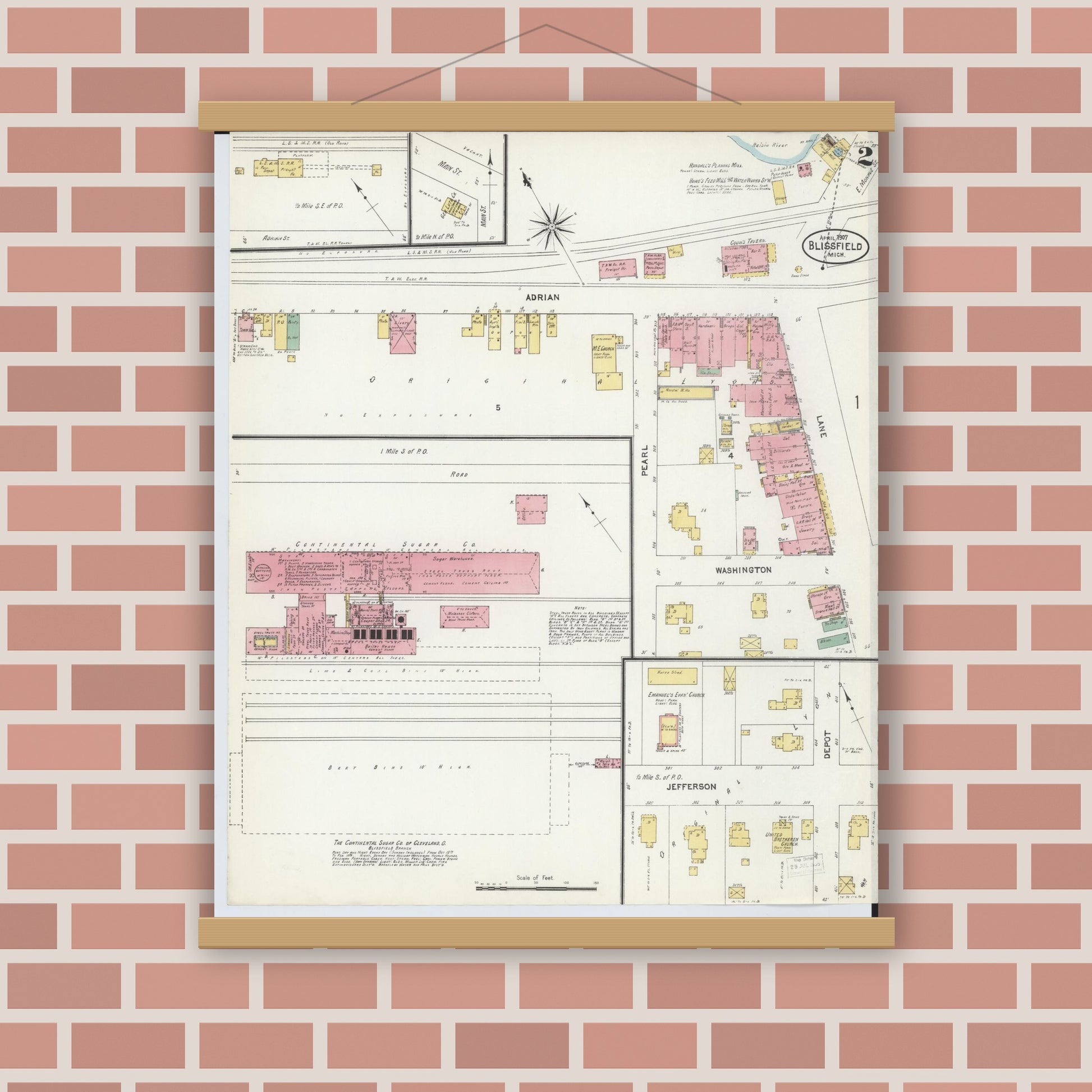 Old map wall art mockup — magnetic wood frame on brick wall — Sanborn Fire Insurance Map from Blissfield, Lenawee County, Michigan (1907), Sheet #0002