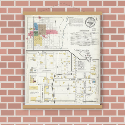 Old map wall art mockup — magnetic wood frame on brick wall — Sanborn Fire Insurance Map from Fort Meade, Polk County, Florida (1917), Sheet #0001