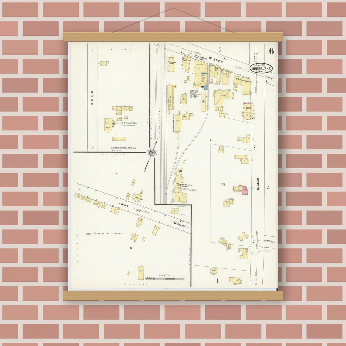 Old map wall art mockup — magnetic wood frame on brick wall — Sanborn Fire Insurance Map from Sherburne, Chenango County, New York (1911), Sheet #0006